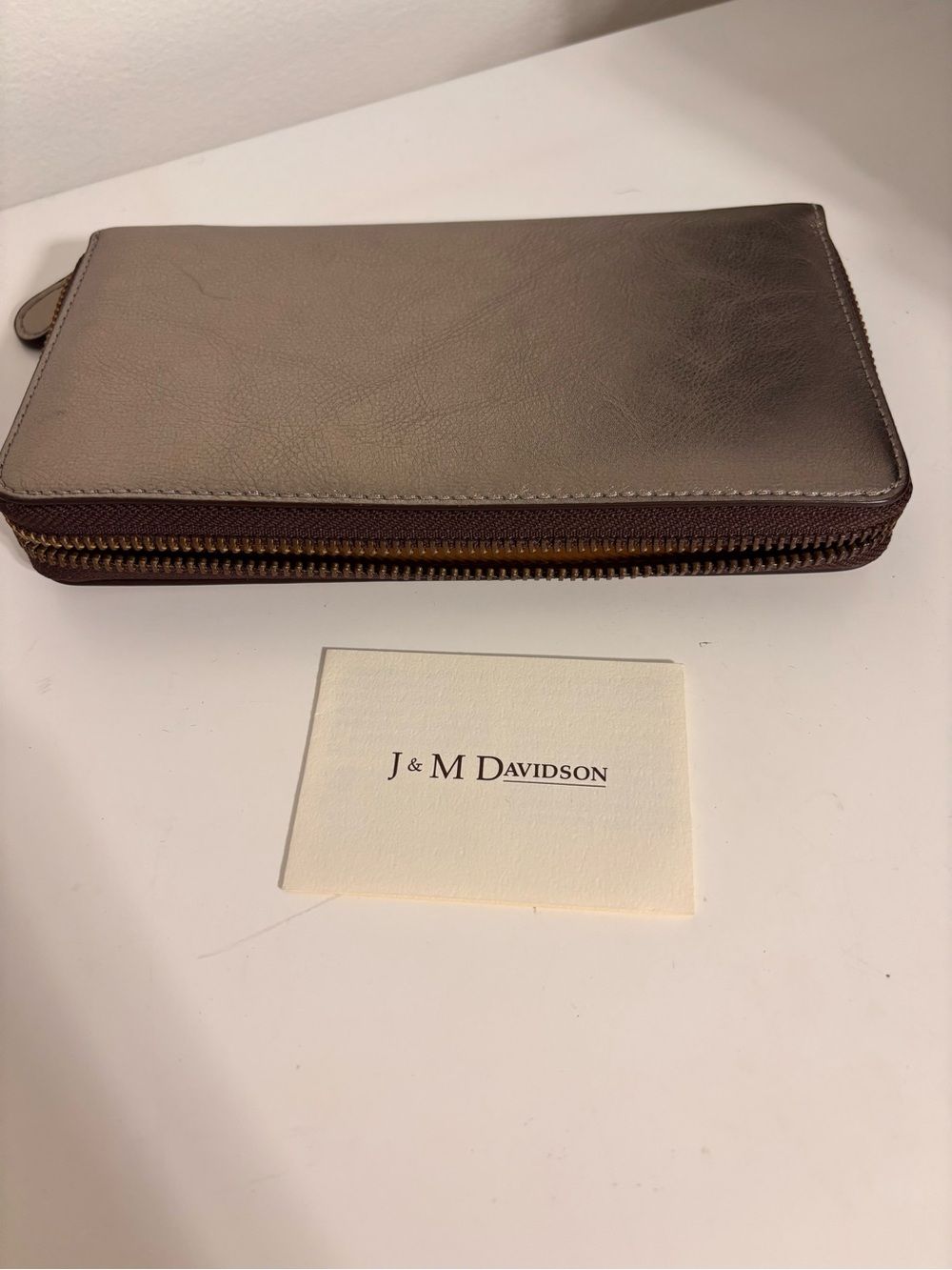 J&M Davidson Leather Zip Around Long Wallet Metallic Taupe Brown Cognac Interior